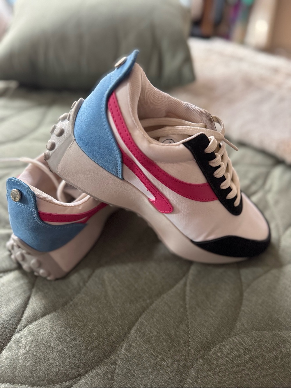 Steve Madden Cream Sneakers with Pink Stripe & Blue Heel
